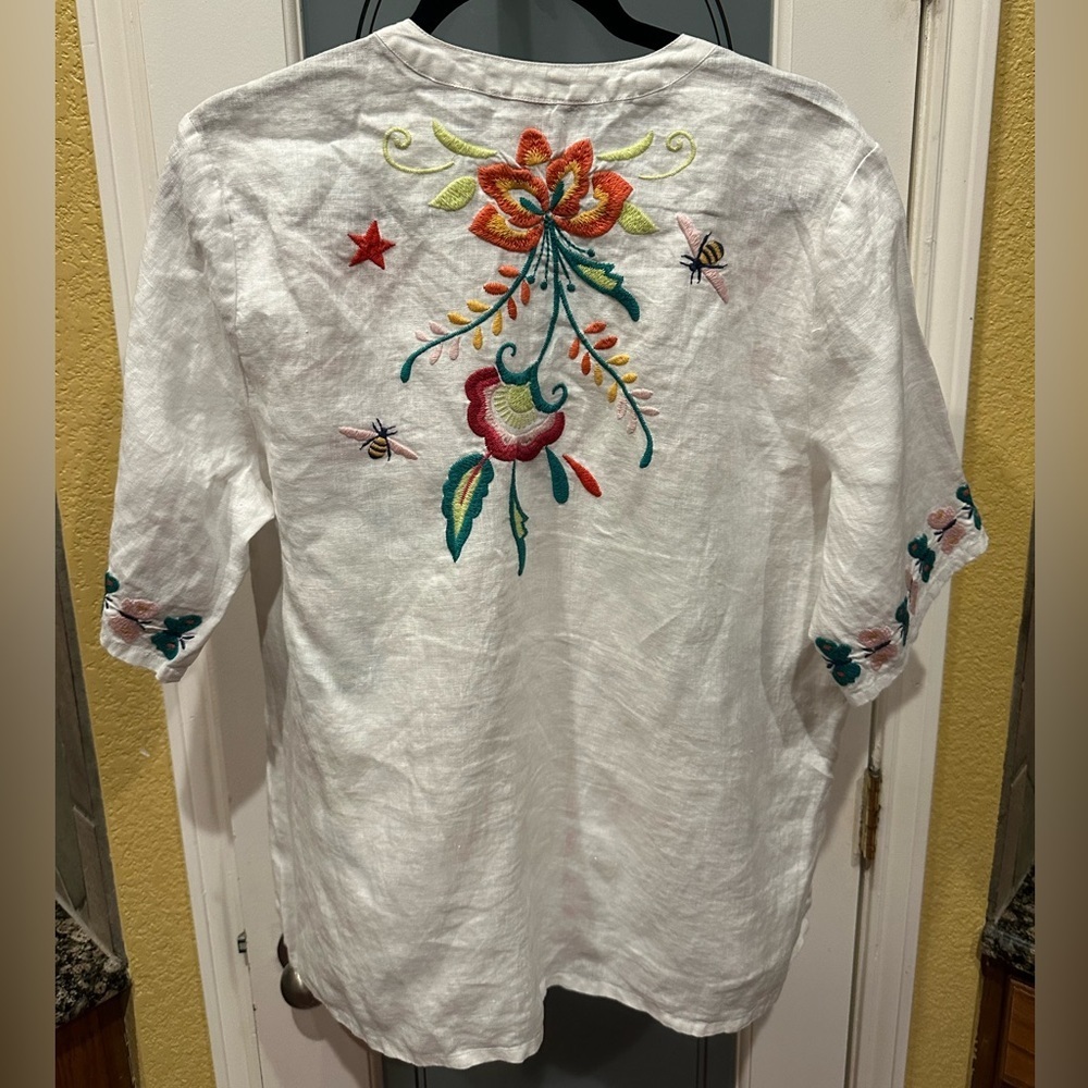 Johnny Was Floral Embroidered White Tunic 100% linen size L - Picture 2 of 8
